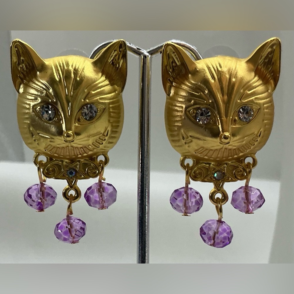 Monet Gold Cat Face Drop Earrings with Purple Beads